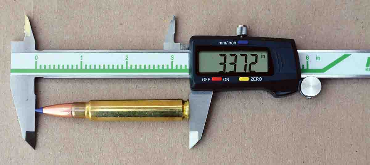Factory loaded ammunition measured 3.372 inches in overall length.